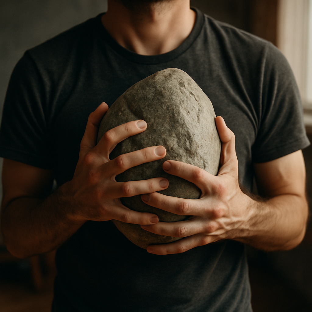 Mãos segurando uma pedra pesada simbolizando a força interior e o peso emocional.