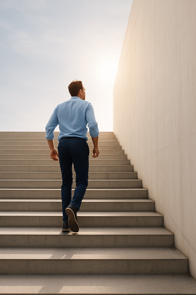motivação de segunda-feira – pessoa subindo uma escada simbolizando progresso contínuo.