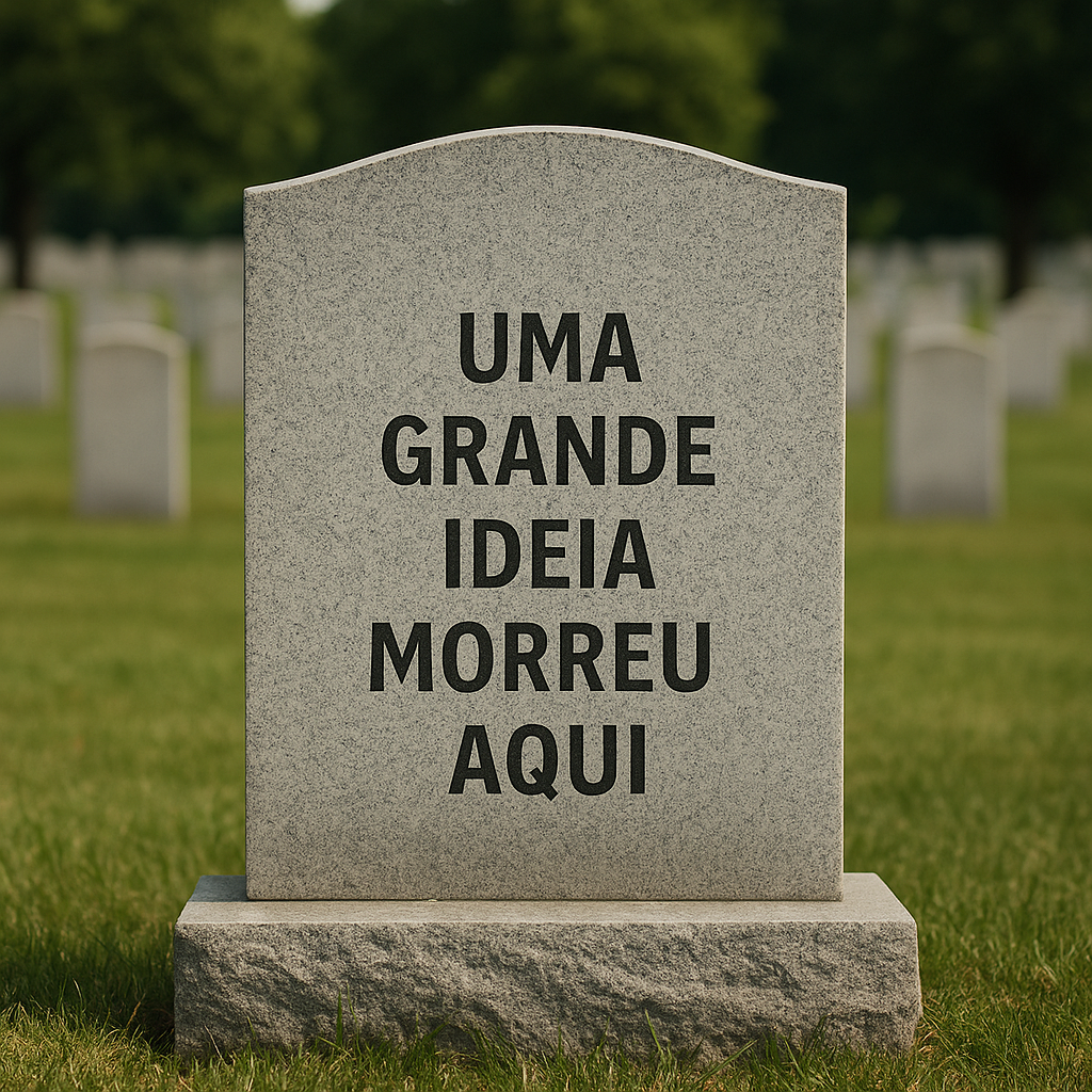 lápide em cemitério padrão americano exibindo a frase "UMA GRANDE IDEIA MORREU AQUI", simbolizando uma ideia que nunca foi realizada.