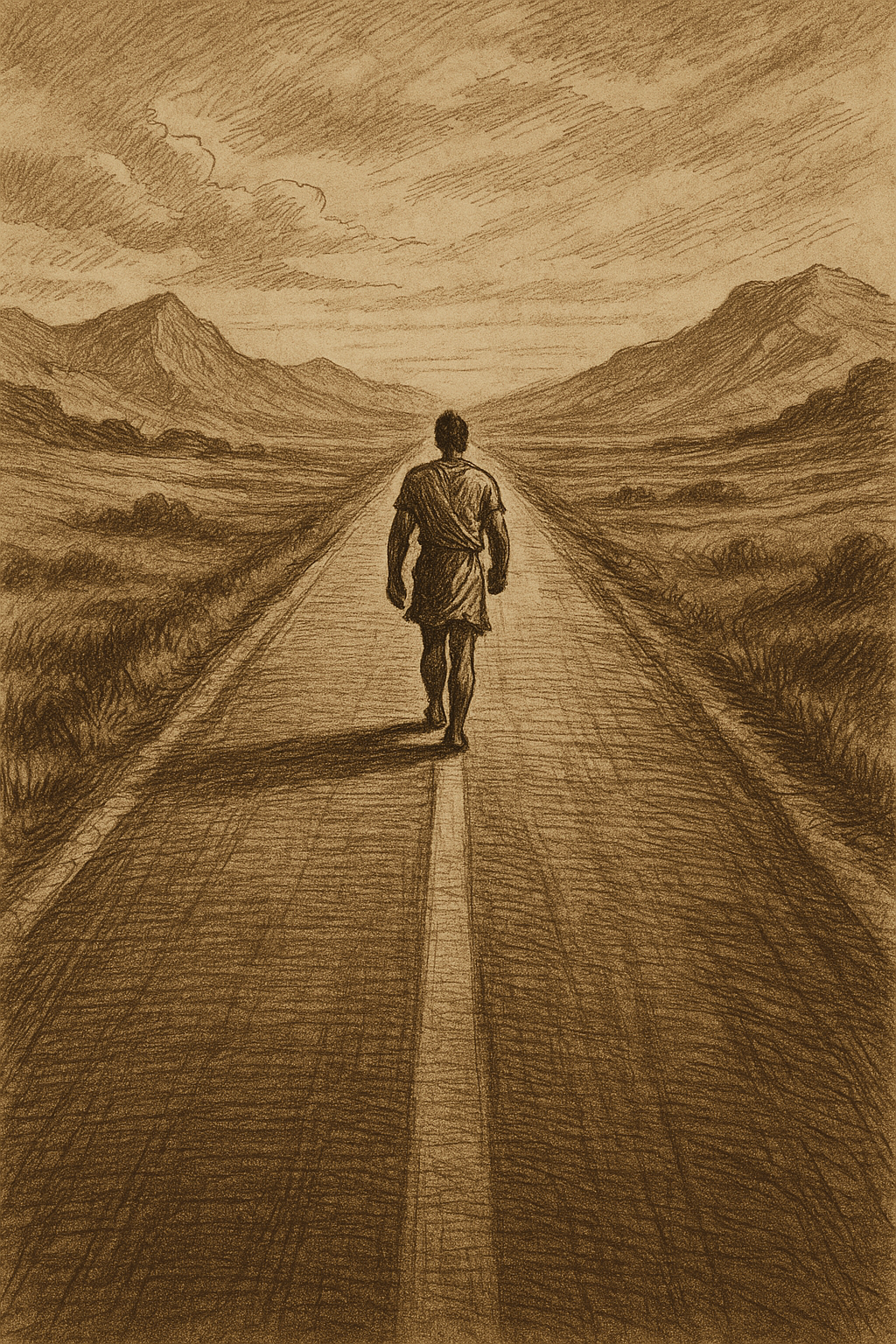 Uma imagem de uma estrada longa, pessoa caminhando determinada, representando o caminho do sucesso.