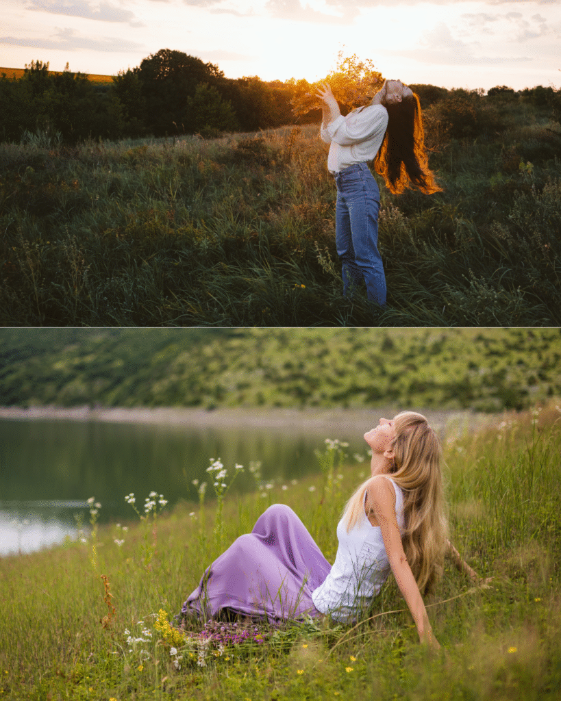 Pessoa vivendo o momento presente com leveza e presença, longe do celular, simbolizando equilíbrio digital e proteção emocional